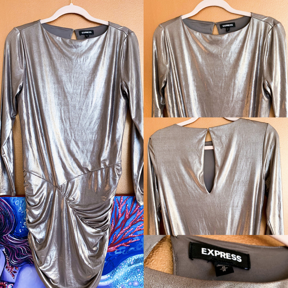 EXPRESS Silver Metallic Long Sleeve Dress